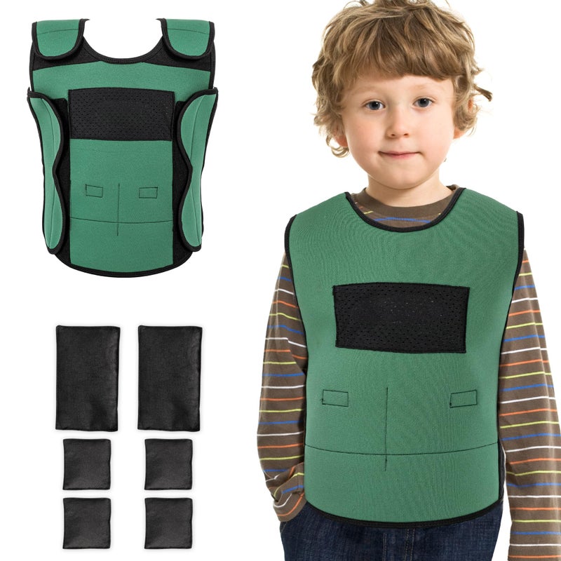 OUTREE Weighted Vest for Kids with Sensory Needs Medium Ages 57 Compression Vest for Kids with ADHD and Autism Weighted Vest Including 6 Removable Weights Breathable Mesh Design Green